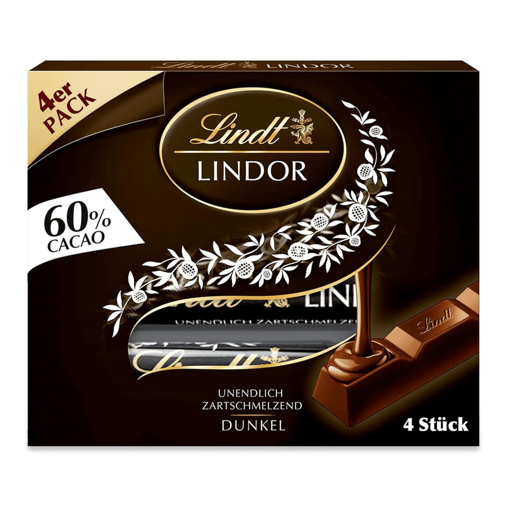 Lindt Ciocolată | Bețișoare LINDOR 60% Cacao | 100g | 4 bețișoare de ciocolată cu ciocolată neagră 60% cacao și umplutură care se topește în gură | Bețișor de ciocolată