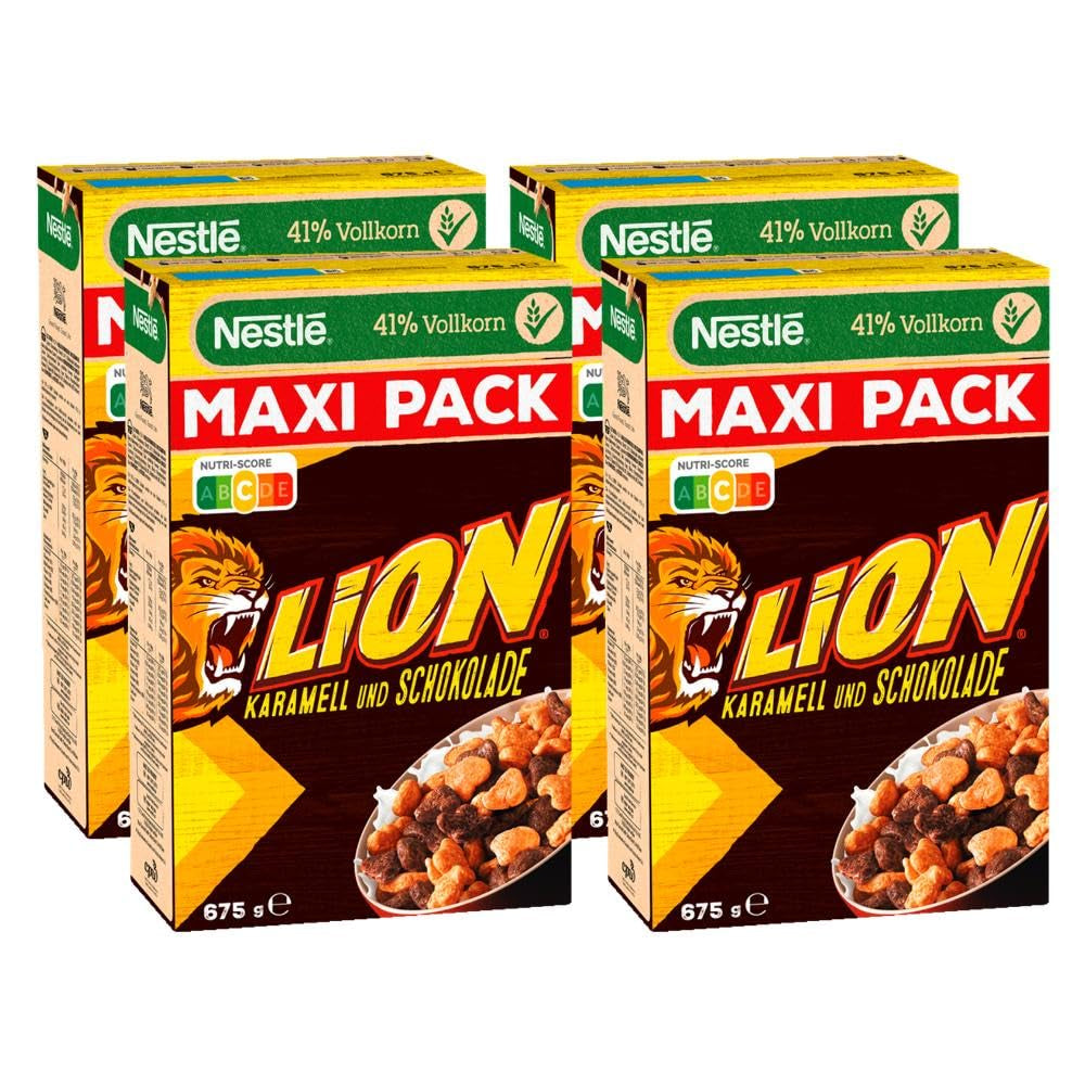 Cereale Nestlé Lion, Fulgi de porumb cu aromă de ciocolată și caramel, 41% cereale integrale vitale, cu vitamine și minerale, Fulgi crocanți, Pachet Maxi Value, Pachet de 4 (4 x 675g)