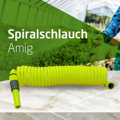 Amig - Furtun spiralat | Fabricat din polipropilenă | Extensibil până la 7,5 m | Include lance de irigare, adaptor și 2 îmbinări | Verde fistic