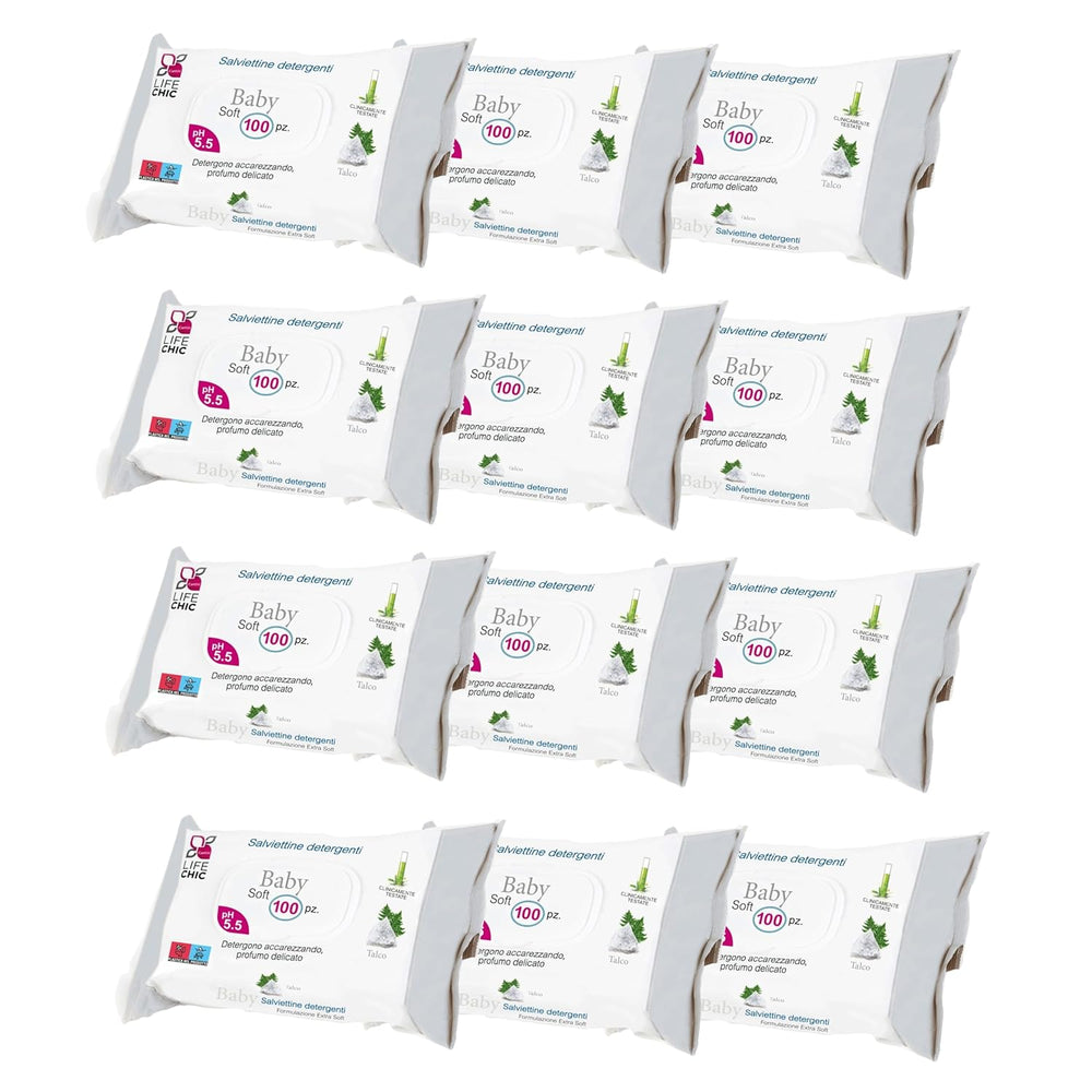 Șervețele umede pentru bebeluși cu talc, pentru piele sensibilă, fără alcool, prietenoase cu pielea, pH 5,5, parfumate ușor, 1200 bucăți (12 pachete)