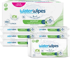 Șervețele umede WaterWipes Sensitive+ Hydrating Boost, șervețele hidratante, 360 bucăți (6 pachete), 3 în 1 curăță, îngrijește, hidratează, 99% apă cu aloe vera, șervețele umede fără parfum pentru bebeluși
