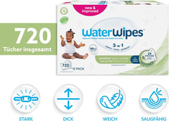 Șervețele umede WaterWipes Sensitive+ pentru bebeluși și copii mici, 720 bucăți (12 pachete), curățare 3 în 1, îngrijire, protecție, 99,9% apă, curățare texturată, fără parfum