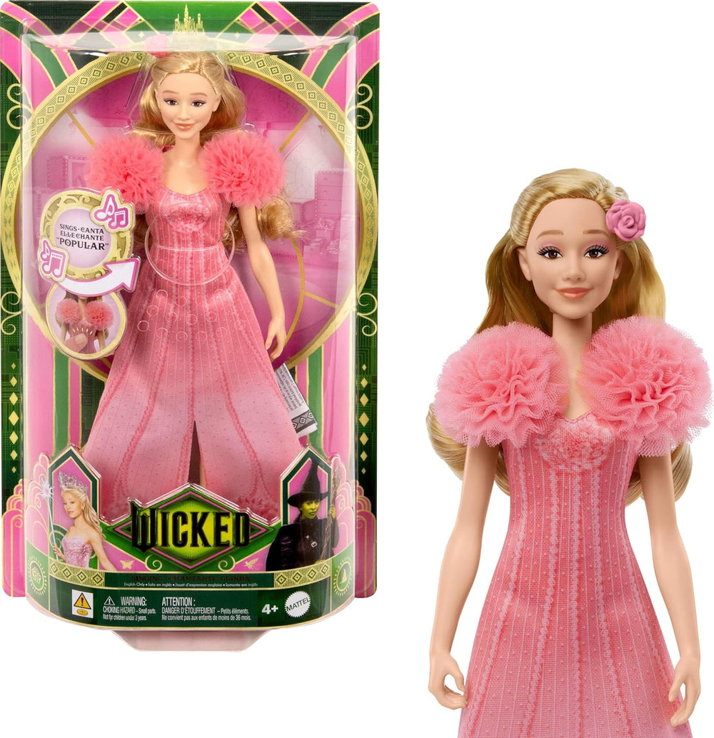 Păpușă cântătoare Mattel Glinda din Wicked and Accessories, articulată cu aspect inspirat din filme și ținută detașabilă, cântă „Loved by Us”, JLG49, roz