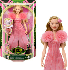 Păpușă cântătoare Mattel Glinda din Wicked and Accessories, articulată cu aspect inspirat din filme și ținută detașabilă, cântă „Loved by Us”, JLG49, roz