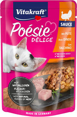 Vitakraft Poésie Délice, hrană umedă pentru pisici, hrană pentru pisici în sos, cu curcan, pachet vrac, fără zahăr adăugat sau cereale (23 x 85g)