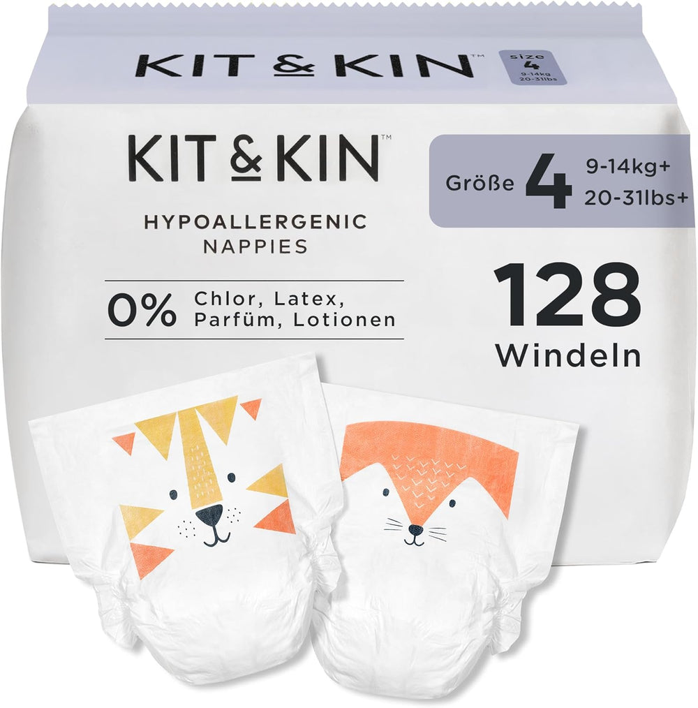 Scutece Kit & Kin Premium, mărimea 4 (9-14 kg), 128 bucăți, pe bază de plante și hipoalergenice, protecție fiabilă împotriva scurgerilor, vegane și fără cruzime