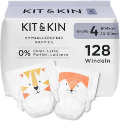 Scutece Kit & Kin Premium, mărimea 4 (9-14 kg), 128 bucăți, pe bază de plante și hipoalergenice, protecție fiabilă împotriva scurgerilor, vegane și fără cruzime