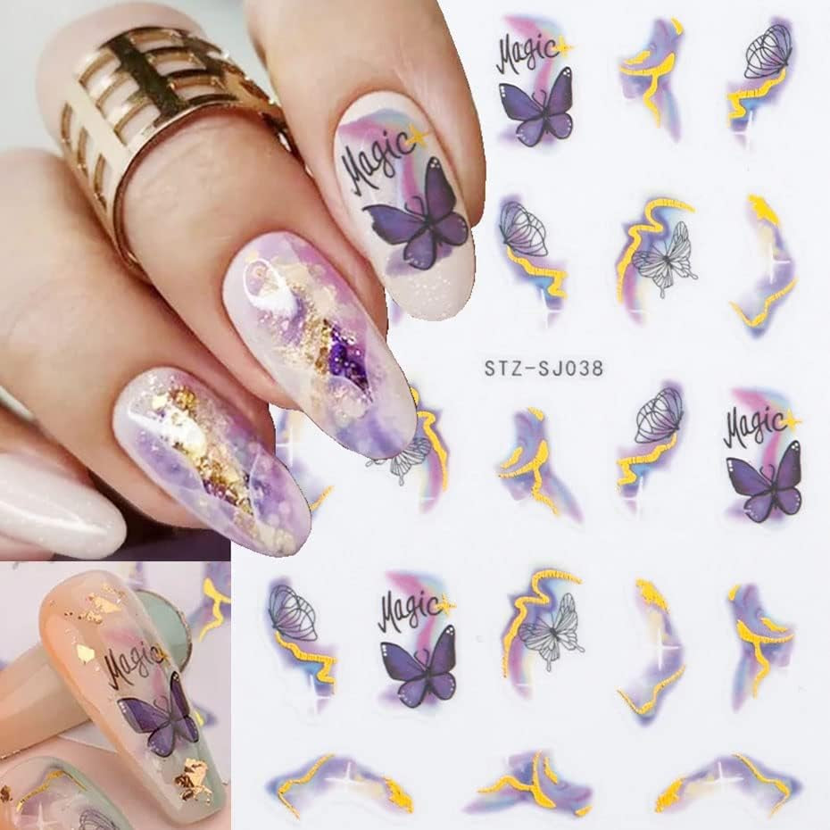 6 Blatt 3D Lila Schmetterling Nagelstickers Selbstklebend Nagelaufkleber Schmetterlinge Nail Sticker Bunte Blühen Marmor Nagel Stickers Regenbogen Welle Linien Nail Art Aufkleber Nageldesign Zubehör