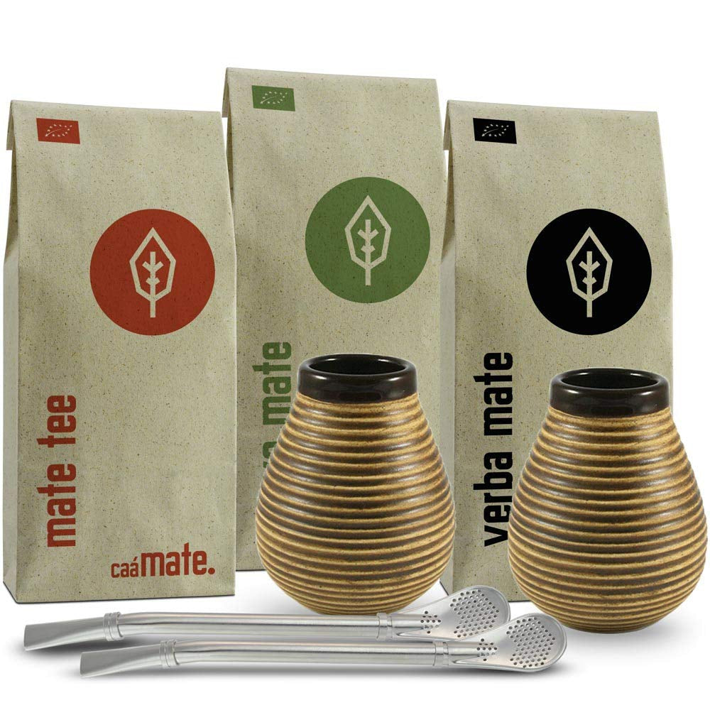 Set de ceai Mate pentru două persoane, organic ● 2 căni Mate + 2 bombillas + 300 g ceai Mate + instrucțiuni de preparare