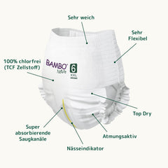 Scutece infantile Bambo Nature, mărimea 6 (15+ kg) - cutie lunară cu 90 bucăți | Scutece infantile cu protecție îmbunătățită împotriva scurgerilor | Confort și libertate maximă pentru copiii activi | Scutece testate dermatologic