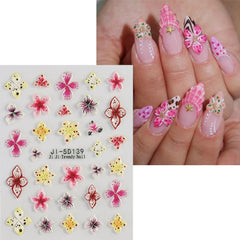 JMEOWIO 3D Nagelsticker Colorful Flower Nail Art Sticker Selbstklebend Nagelaufkleber 5D Stereoskopisch Spring Summer Floral Dekoration Nageldesign Zubehör 4 Blatt