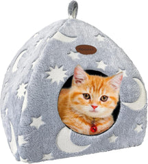 Katzenhöhle Plüsch Katzenhaus mit Waschbarem Kissen Faltbare Katzenzelt Höhle mit Handle Weiches und Warmes Katzenbett für Drinnen 33x33x35cm