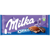 Milka Oreo – Ciocolată cu lapte alpină umplută cu bucățele crocante de biscuiți Oreo și cremă fină de vanilie – 100g