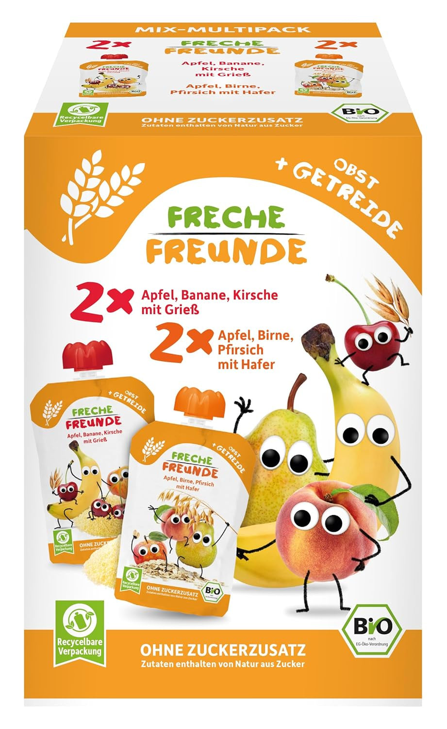 FRECHE FREUNDE Mix Organic la Pungă Comprimabilă Multipack - Fructe + Cereale, Piure de fructe cu cereale într-o pungă compresibilă pentru bebeluși de la 6 luni, vegan, pachet de 3, 3 x (4 x 100g)