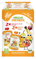 FRECHE FREUNDE Mix Organic la Pungă Comprimabilă Multipack - Fructe + Cereale, Piure de fructe cu cereale într-o pungă compresibilă pentru bebeluși de la 6 luni, vegan, pachet de 3, 3 x (4 x 100g)