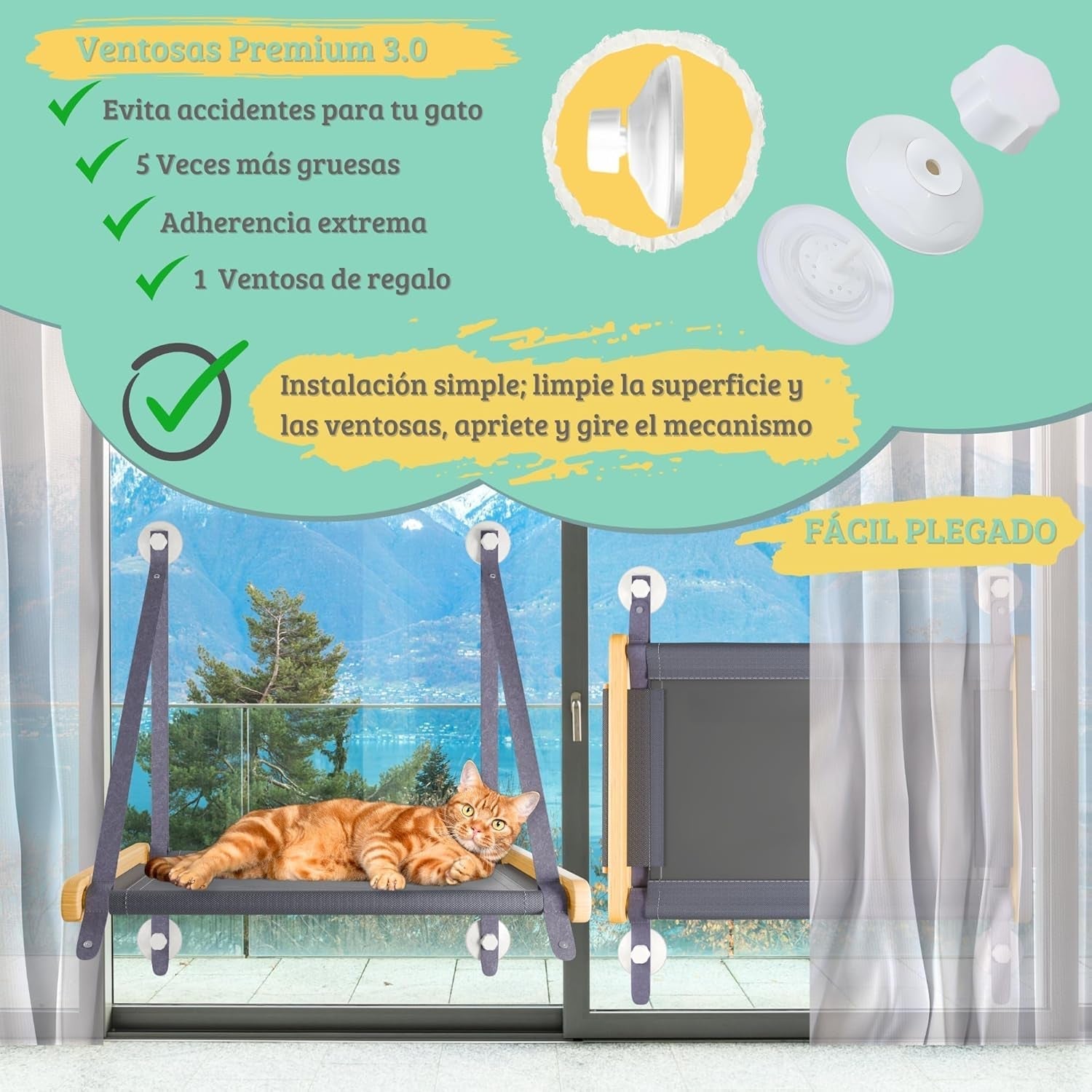 Șezlong pentru pisici - Pat pentru pisici la fereastră - Hamac pentru pisici - Hamac pentru pisici - Hamac pentru pisici - Hamac pliabil pentru pisici 54 cm - Lemn masiv