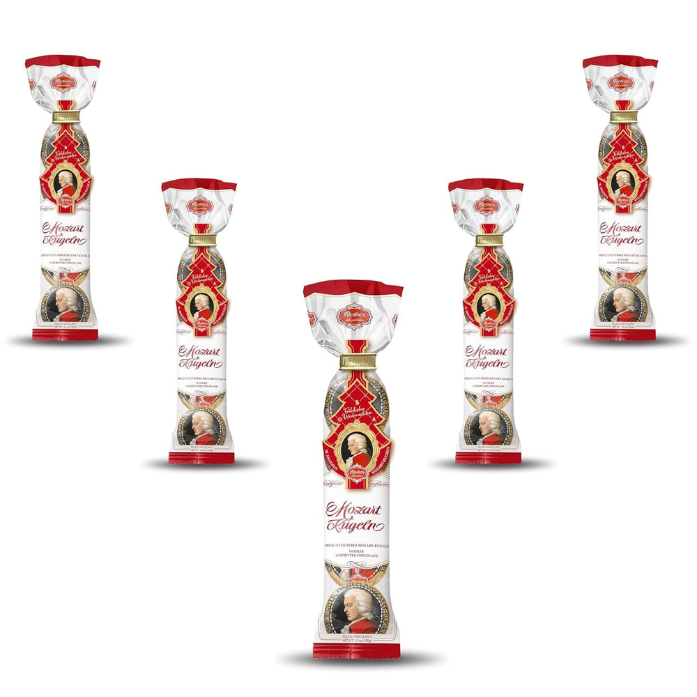 Bile Reber Mozart – 5 pungi de dulciuri a câte 5 bucăți în ediția de Crăciun – Bile Reber Mozart autentice, din ciocolată neagră, marțipan și nuga