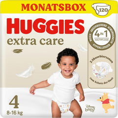 Scutece Huggies pentru bebeluși Extra Care cu design Disney, mărimea 4, 120 de scutece (2x60), cutie lunară