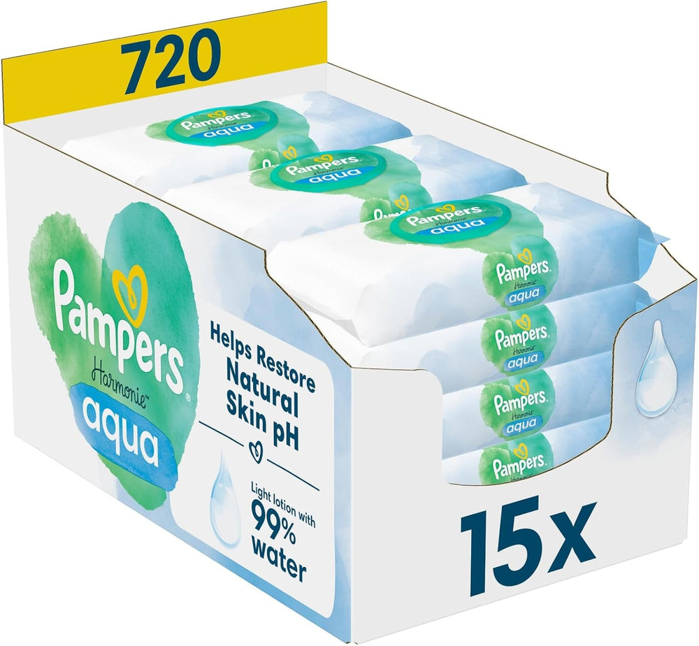 Șervețele umede Pampers Harmony Aqua, 15 pachete a câte 48 de șervețele fiecare - 720 de șervețele în total, ajutând la restabilirea echilibrului natural al pH-ului pielii, loțiune ușoară cu 99% apă
