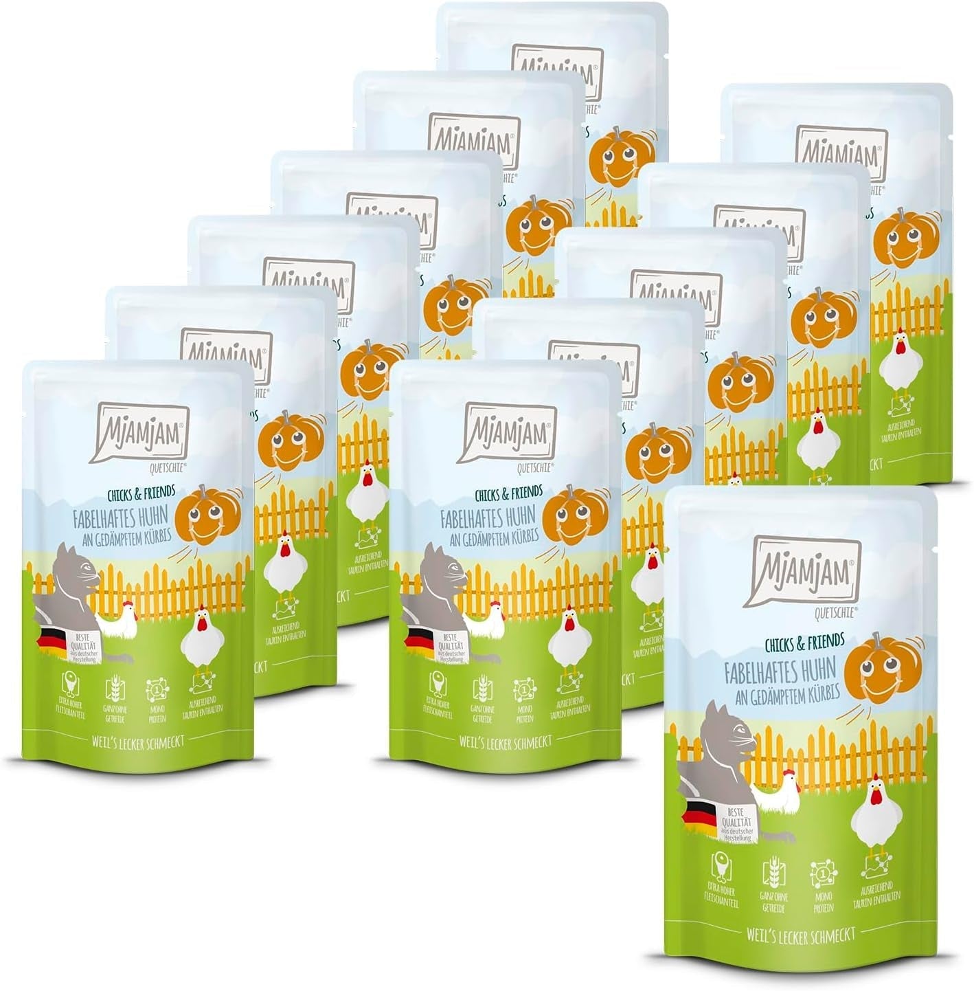 Mjamjam - Hrană umedă premium pentru pisici - Chicks & Friends Box, 9 pachete (9 X 300G), fără cereale și cu carne suplimentară