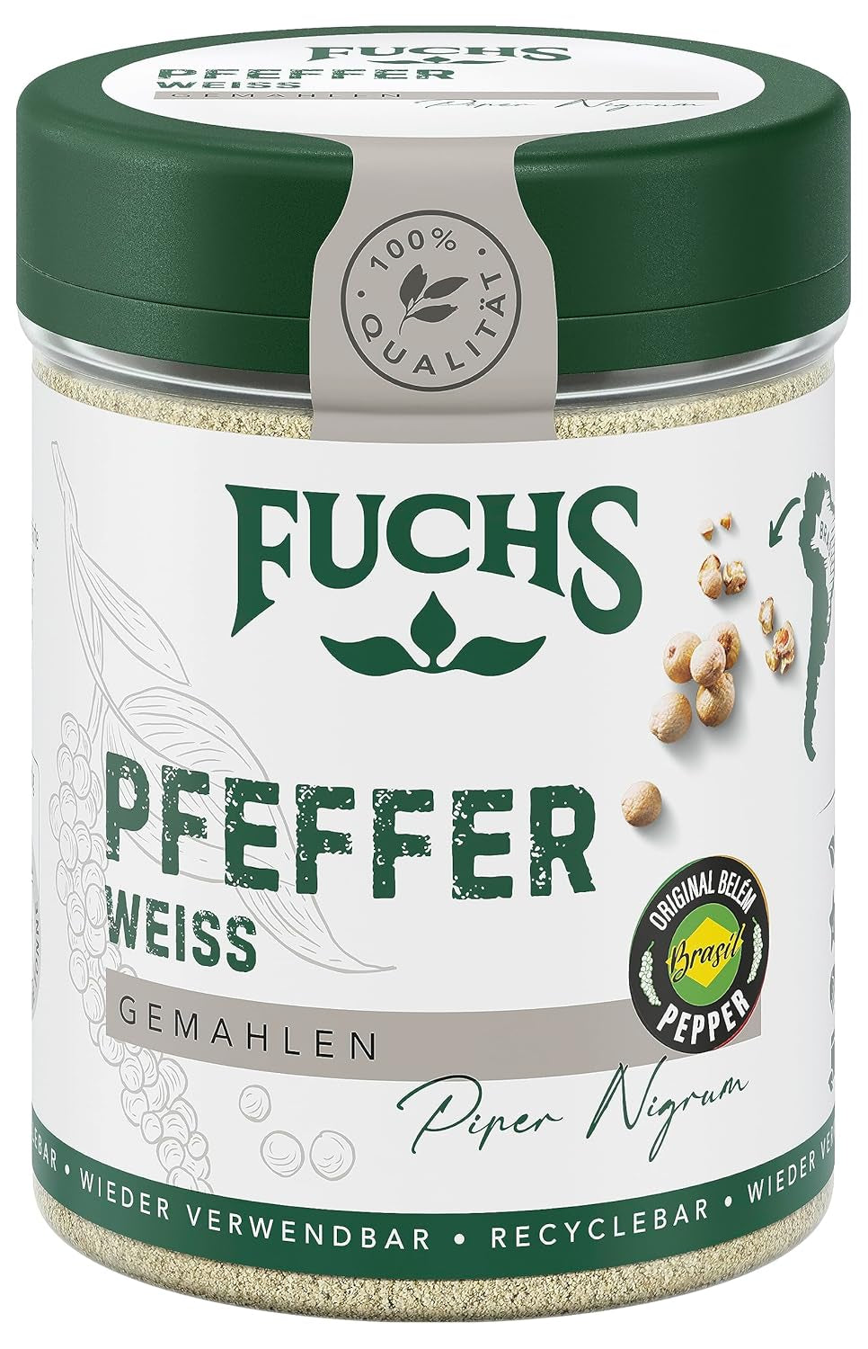 Fuchs Gewürze - Pfeffer weiß gemahlen - Pfeffer aus dem Amazonasgebiet, für helle Saucen, Fisch oder Suppen - natürliche Zutaten - 60 g in wiederverwendbarer, recyclebarer Dose