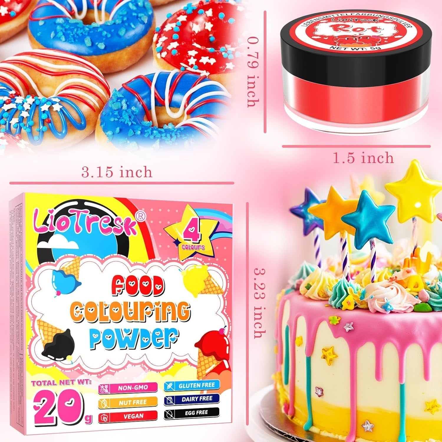 Set coloranți alimentari pudră - 4x5g colorant alimentar concentrat pentru fondant, cremă de unt, colorant alimentar vibrant pentru copt, decorare tort, colorare ouă de Paște, macaroane, Ziua Tuturor Sfinților