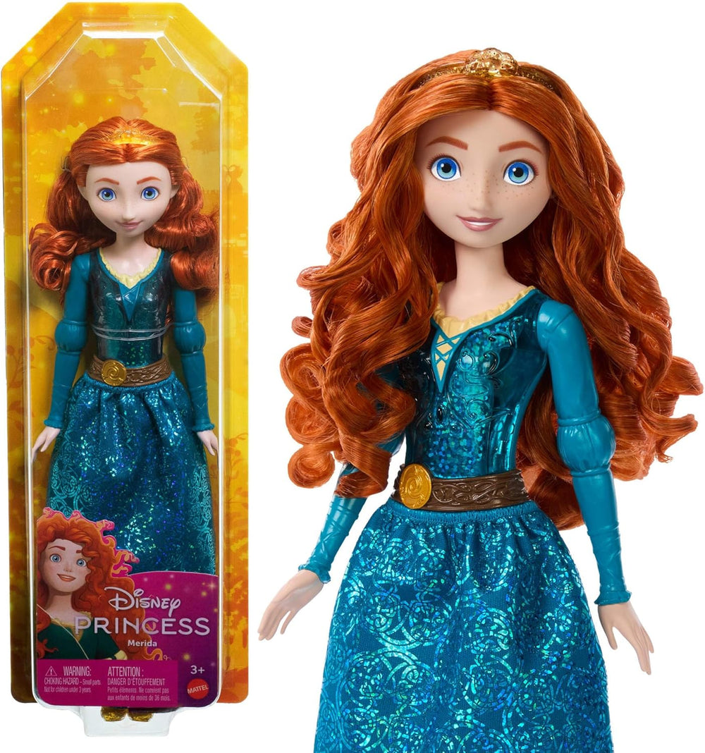Jucărie Mattel Disney Princess, păpușă artizanală Merida cu haine și accesorii strălucitoare, inspirată de filmul Disney și Pixar, cadou pentru copii, HLW13