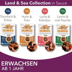 IAMS Delights Land & Sea Collection Hrană umedă pentru pisici - Pachet multiplu cu sortimente de carne și pește în sos, hrană umedă pentru pisici de la 1 an, 72 x 85 g