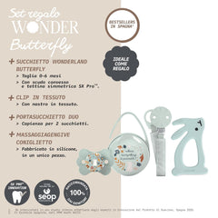 Set cadou Suavinex pentru nou-născuți. Set cu 4 piese, inclusiv: suzetă Physiological SX Pro pentru bebeluși 0-6 luni + suport pentru suzetă + husă pentru suzetă Duo + inel de dentiție din silicon. Wonderland, bej