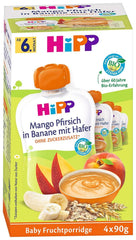 Pungi de stoarcere Hipp pentru bebelusi, terci de fructe, piersici mango in banana cu ovaz, fructe 100% bio fara zahar adaugat, 4 x 4 pungi de 90 g Mama si Copilul Naty Shop 16 x 90 grame Terci de fructe piersici mango in piure de banane cu ovaz