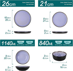 Steingut Geschirrset 6 Personen, vancasso AMBER Teller Set 6 Personen, Tafelservice 24tlg mit Speiseteller, Dessertteller, Suppenteller, Schüssel, Reaktive Glasur, Abendviolett, Spülmaschinenfest
