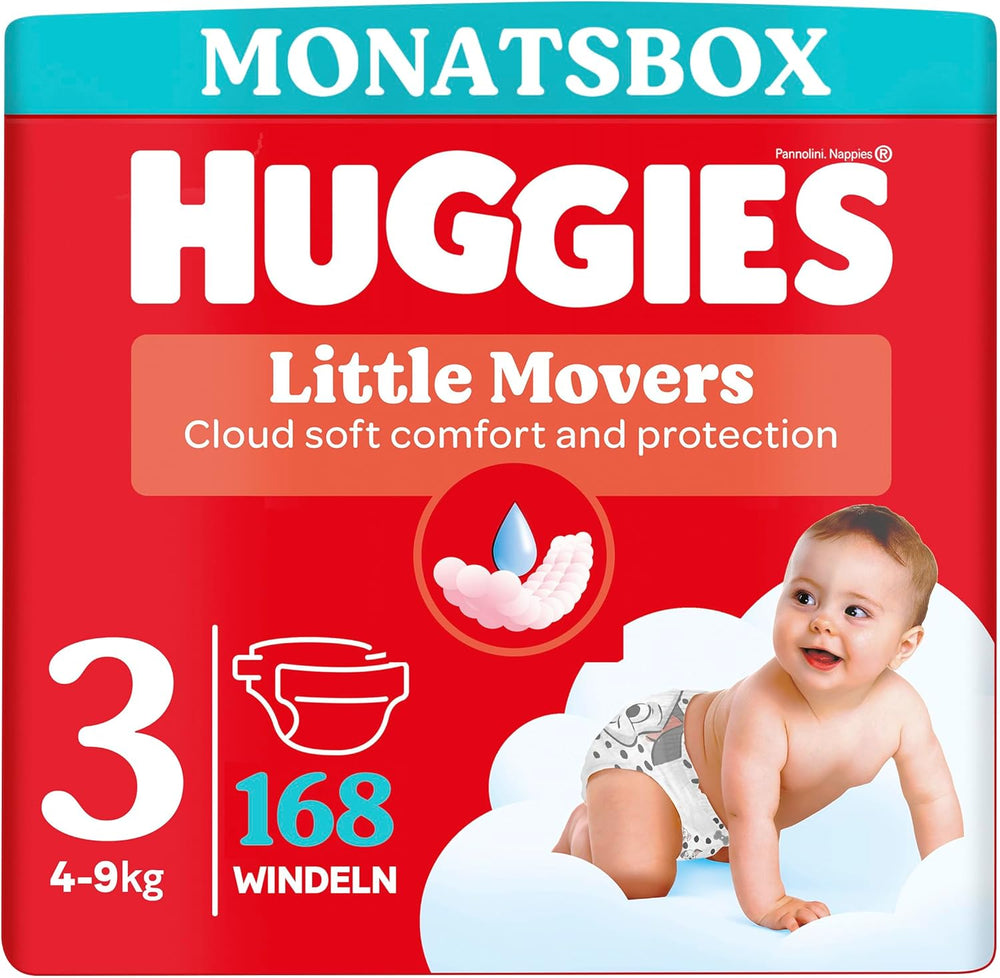 Scutece Huggies pentru bebeluși Little Movers, design Disney, mărimea 3, 168 bucăți (3 x 56), cutie lunară