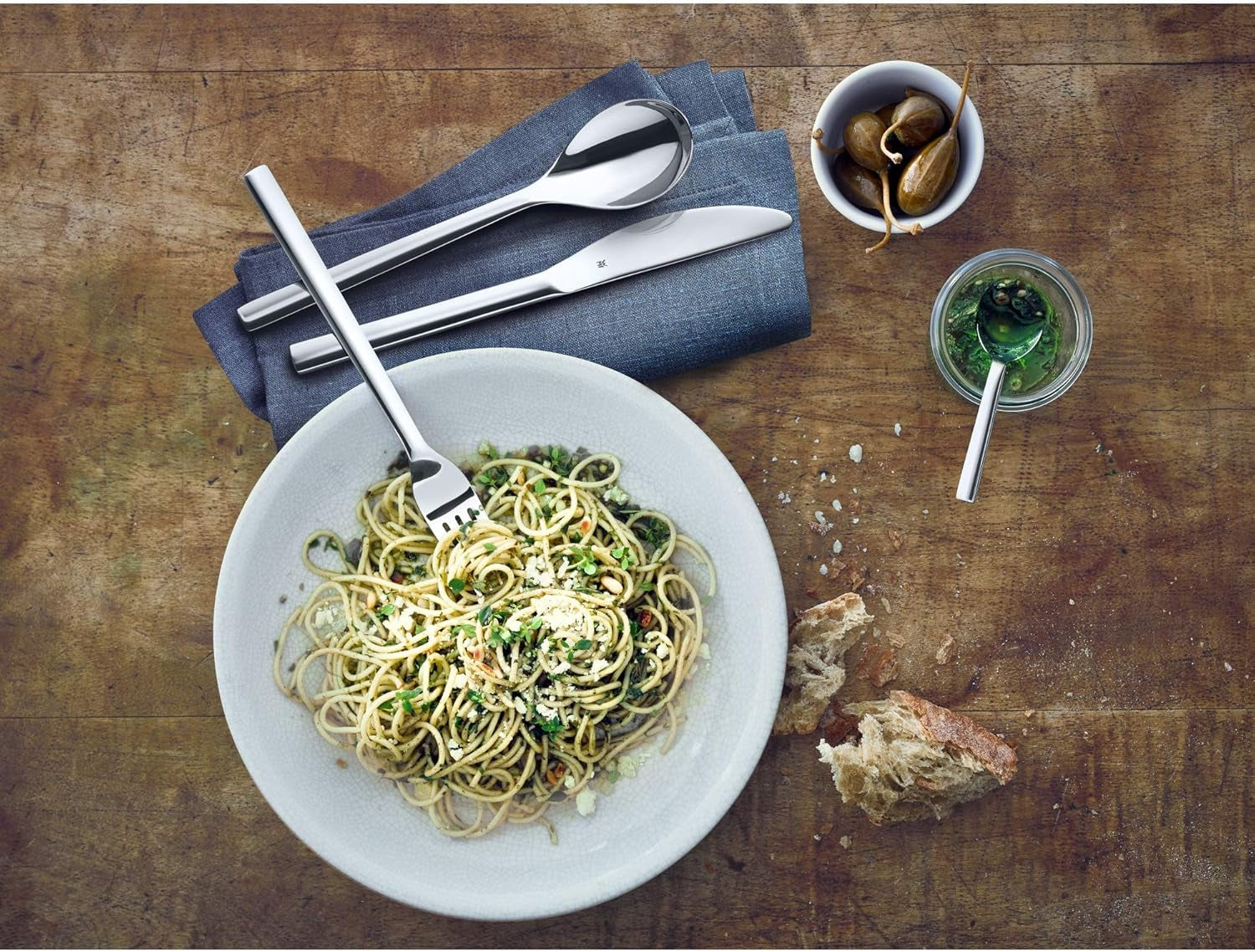 WMF Atria Besteck Set 12 Personen, Essbesteck 60 Teilig, Monobloc-Messer, Cromargan Edelstahl Poliert, Spülmaschinenfest Bucatarie Naty Shop