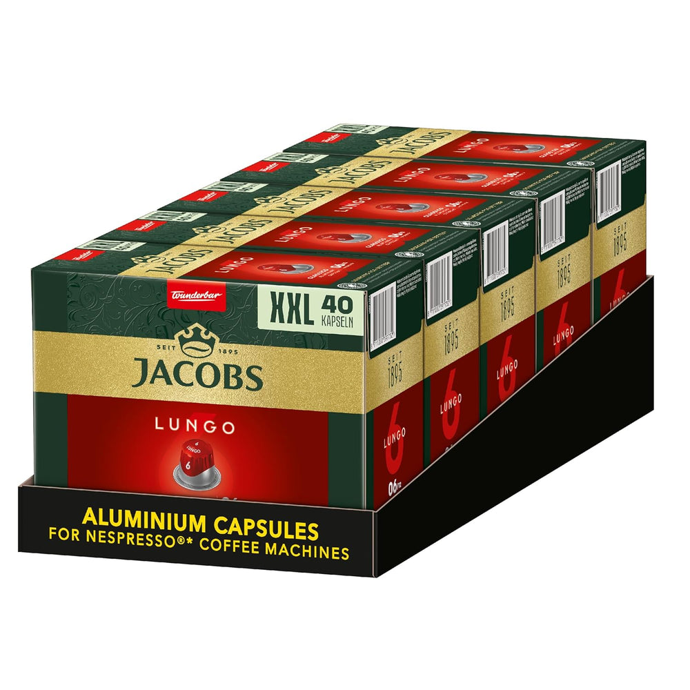 Jacobs Kaffeekapseln Lungo Classico, Megapack XXL, Intensität 6/12, 5 x 40 Getränke, Nespresso* kompatible Kaffee Kapseln, 200 Kapseln