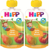 Pliculețe de fructe organice HiPP, stoarcibile, măr, pară, banană - Anton maimuța (8 x 100g), de la 1 an, piure de fructe 100%, fără zahăr adăugat, vegan, de cea mai bună calitate organică (pachet de 2)