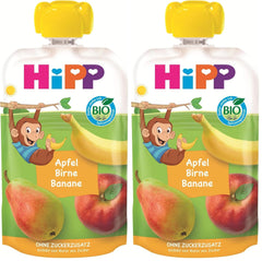 Pliculețe de fructe organice HiPP, stoarcibile, măr, pară, banană - Anton maimuța (8 x 100g), de la 1 an, piure de fructe 100%, fără zahăr adăugat, vegan, de cea mai bună calitate organică (pachet de 2)