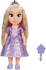 Păpușă Disney Prințesa Rapunzel 35 cm, ochi reflectorizanți cu sclipici, articulații mobile, rochie detașabilă, pantofi, coroană, păr lung și blond, pentru fete cu vârsta de 3 ani și peste