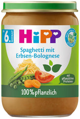 Spaghete bolognese cu mazăre organică HiPP (6 x 190g), masă pentru bebeluși de la 5/6 luni, 100% pe bază de plante, fără sare adăugată, de cea mai bună calitate organică