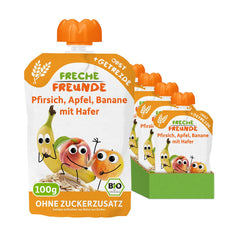 FRECHE FREUNDE Piure de fructe organic cu piersici, măr, banană și ovăz, cu cereale, într-o pungă compresibilă, pentru bebeluși de la 6 luni, vegan, pachet de 6 (6 x 100g)