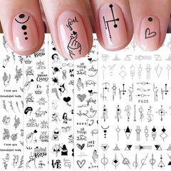 JMEOWIO Nagelsticker Geometrie 10 Blatt Nagelaufkleber Selbstklebend Schwarzes Herz Unregelmäßig Geformt Nail Art Sticker Dekoration Nageldesign Zubehör
