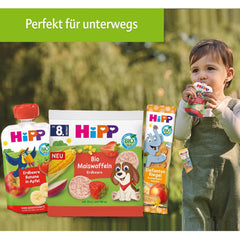 Pliculețe compresibile HiPP cu piersici și banane organice în pungi de mere și fursecuri - Felix leneșul (8 x 100g), de la 1 an, fructe cu cereale, fără zahăr adăugat, de cea mai bună calitate organică