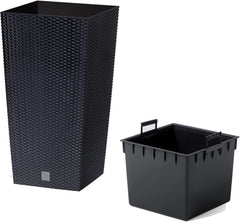 Ghiveci/ghiveci cu aspect de ratan Prosperplast cu insert | 32,5 x 32,5 x 61 cm | antracit | rezistent la intemperii și UV | fabricat din plastic robust | pentru interior și exterior