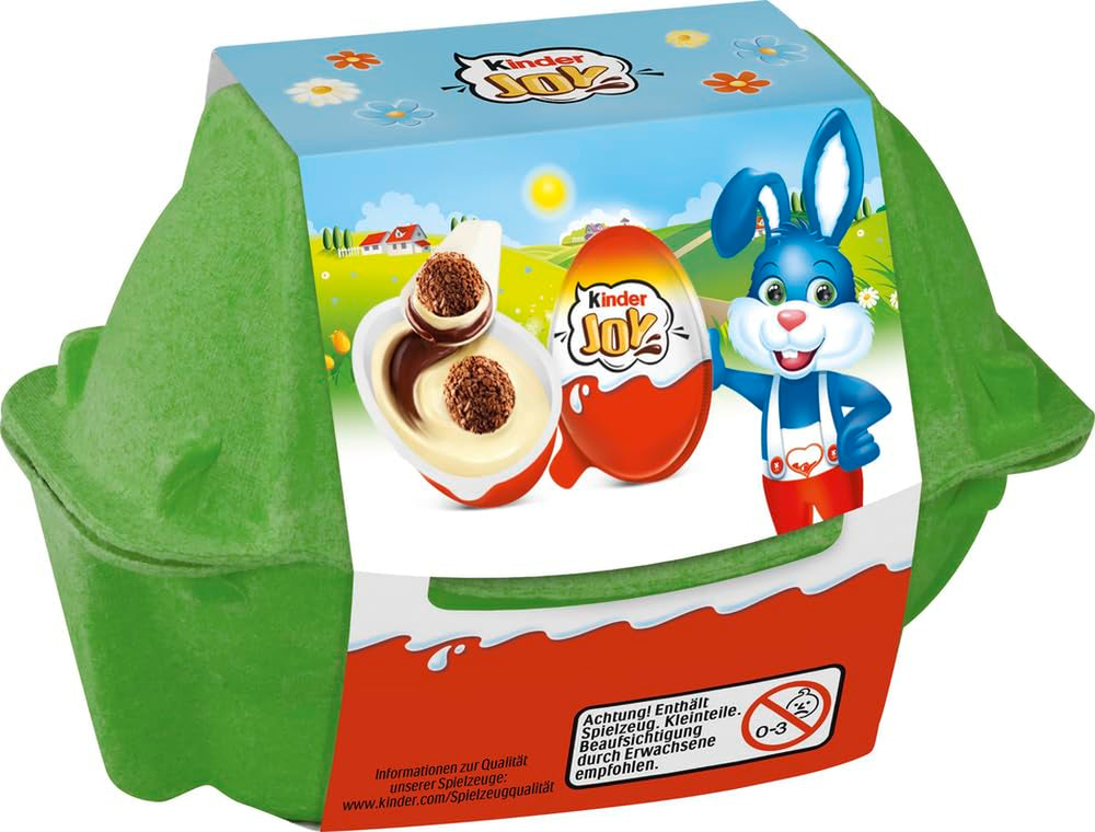 Kinder Joy pachet de 2 – O jumătate cu cremă delicioasă de lapte și cacao și biluțe crocante, iar cealaltă jumătate cu o surpriză grozavă – ciocolată de Paște, dulciuri de Paște – cadou de Paște – 40g