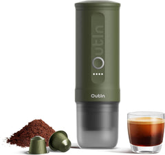 Espressor electric portabil OutIn Nano, aparat de cafea pentru camping, autoîncălzire cu USB-C, compatibil cu cafea măcinată și capsule NS