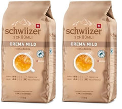 Schwiizer Schüümli Crema Mild, boabe de cafea Arabica 100% premium, fructate și cu aromă de nucă, pentru aparate de cafea complet automate, tărie 2/5, prăjire ușoară, certificat Rainforest Alliance, 1kg (pachet de 2)
