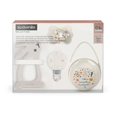 Set cadou Suavinex pentru nou-născuți. Set cu 4 piese, inclusiv: suzetă Physiological SX Pro pentru bebeluși 0-6 luni + suport pentru suzetă + husă pentru suzetă Duo + inel de dentiție din silicon. Wonderland, bej