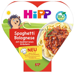 Spaghete bolognese bio HiPP cu ierburi mediteraneene (6 x 250g), potrivite pentru copii de la 1 an, fierte ușor la abur, condimentate pentru copii, calitate bio