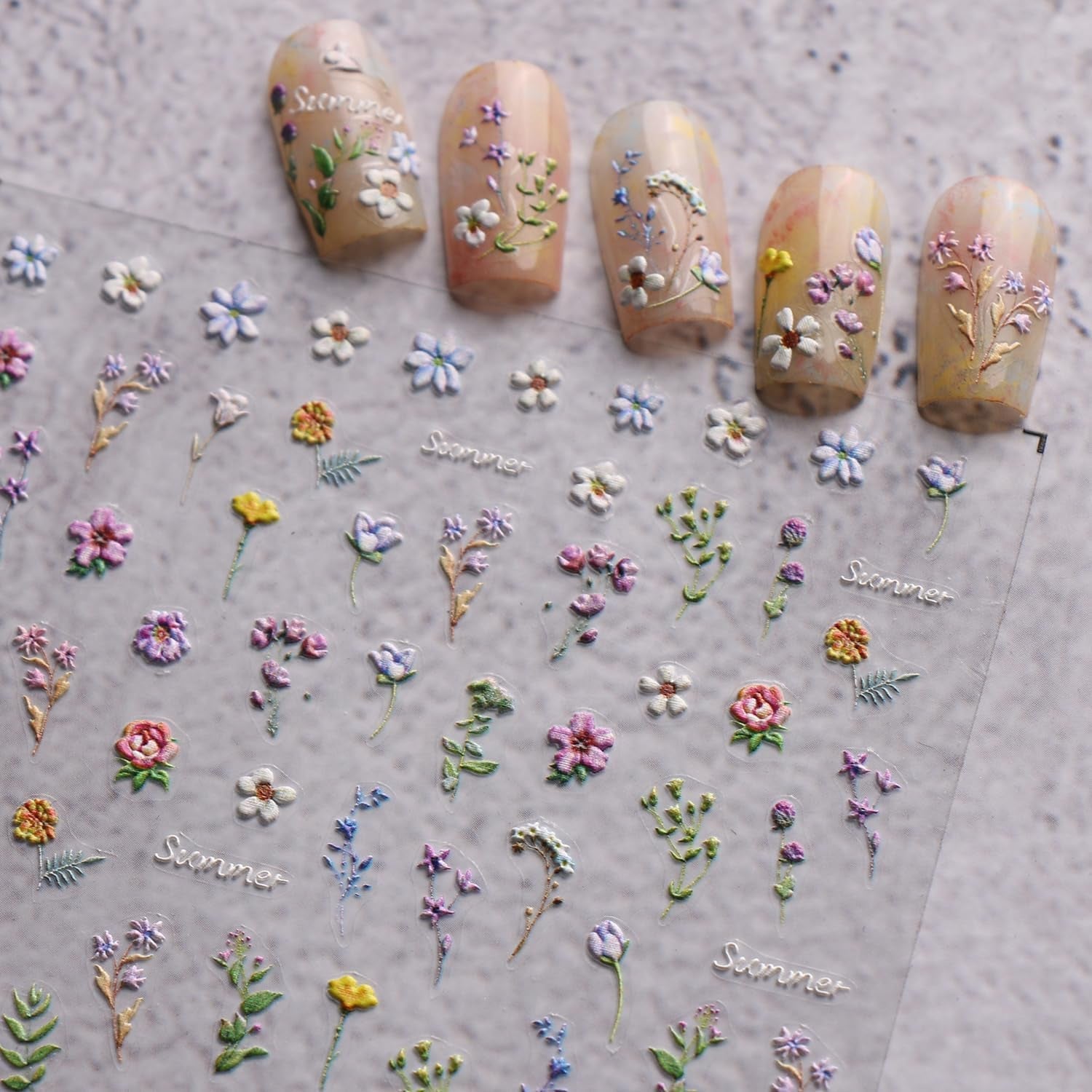 JMEOWIO 3D Nagelsticker Blume Frühling Sommer Floral Nail Art Sticker Selbstklebend Nagelaufkleber 5D Stereoskopisch Dekoration Nageldesign Zubehör 1 Blatt