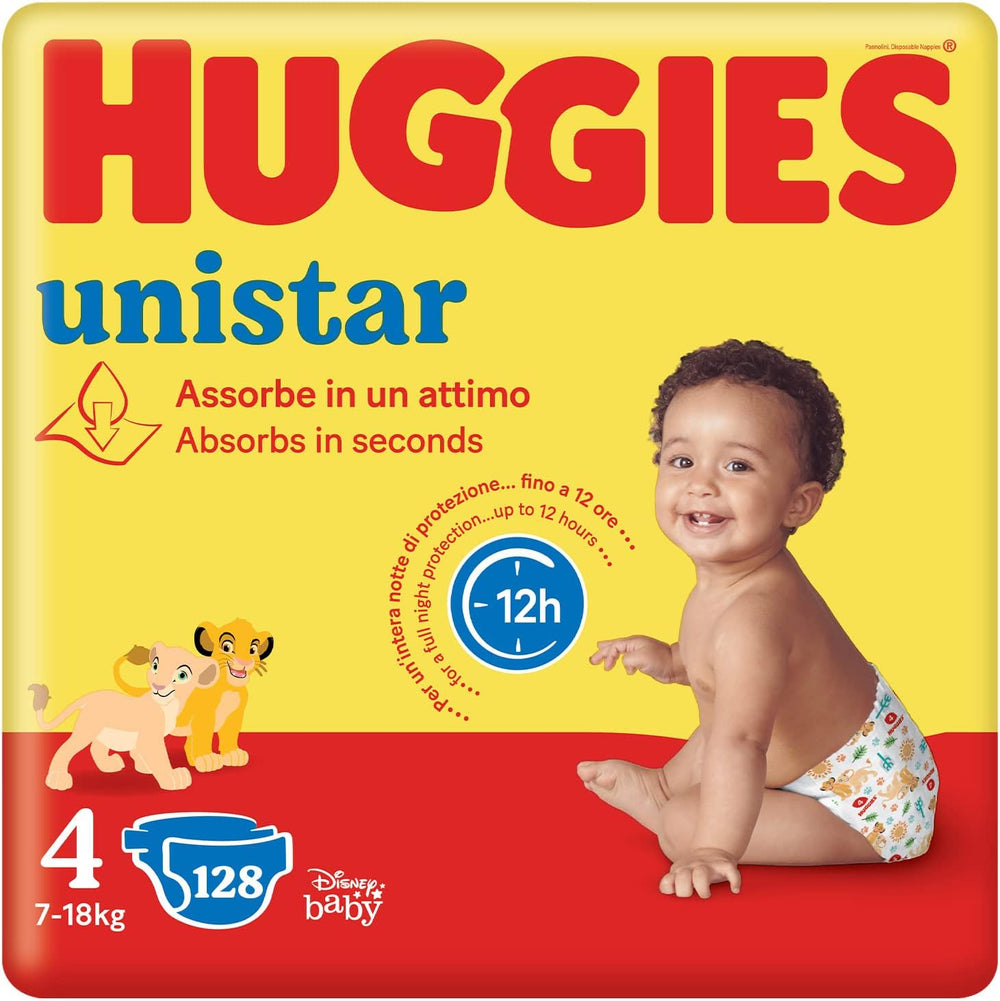 Scutece Huggies Unistar, mărimea 4 (7-14 kg), pachet cu 128 de scutece (basic)