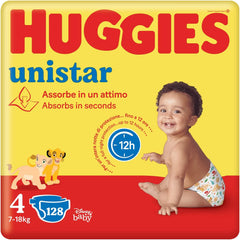 Scutece Huggies Unistar, mărimea 4 (7-14 kg), pachet cu 128 de scutece (basic)